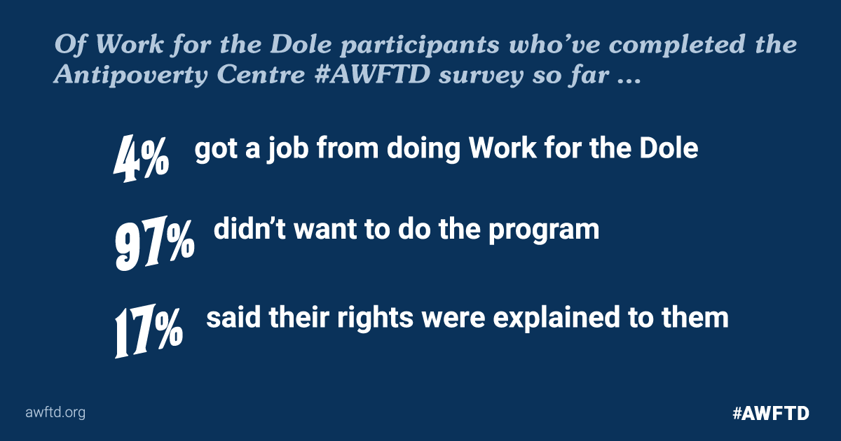 Dark blue graphic with statistics in white text. Of Work for the Dole participants who've completed the Antipoverty Centre survey so far, 4 per cent got a job from doing Work for the Dole, 97 per cent didn’t want to do the program and 17 per cent had their rights explained to them. 